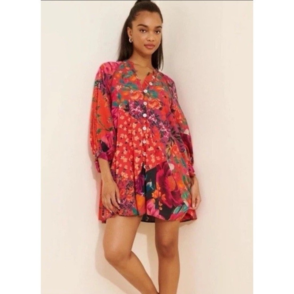 Farm Rio Anthropologie Floral Patchwork Mini Shirt Dress Cotton Large L